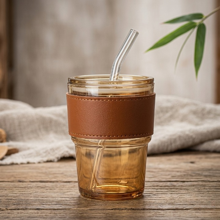 Premium Amber Glass Coffee Tumbler –