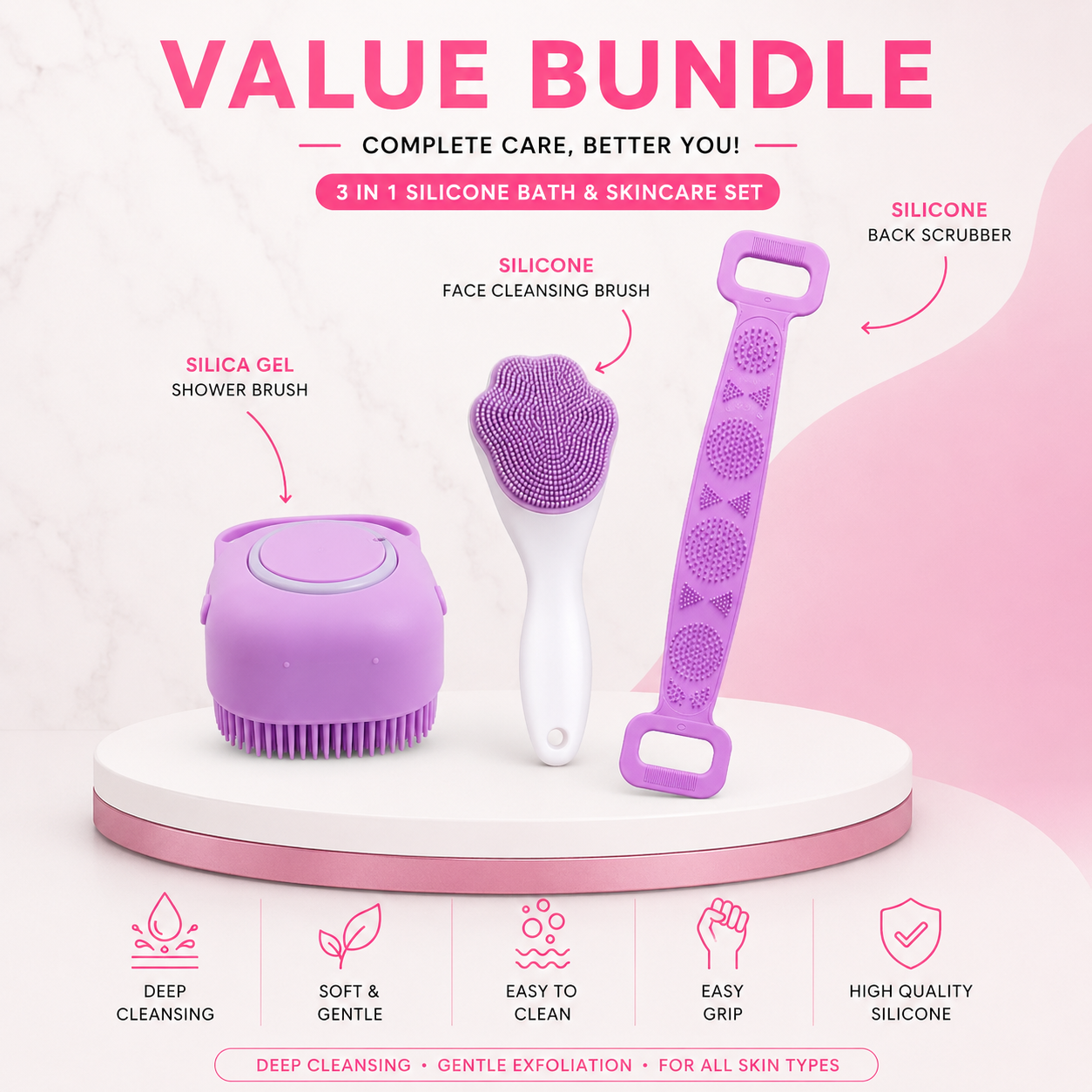 3 in 1 Silicone Bath & Skincare Value Bundle – Shower Brush
