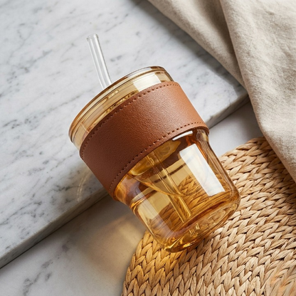 Premium Amber Glass Coffee Tumbler –
