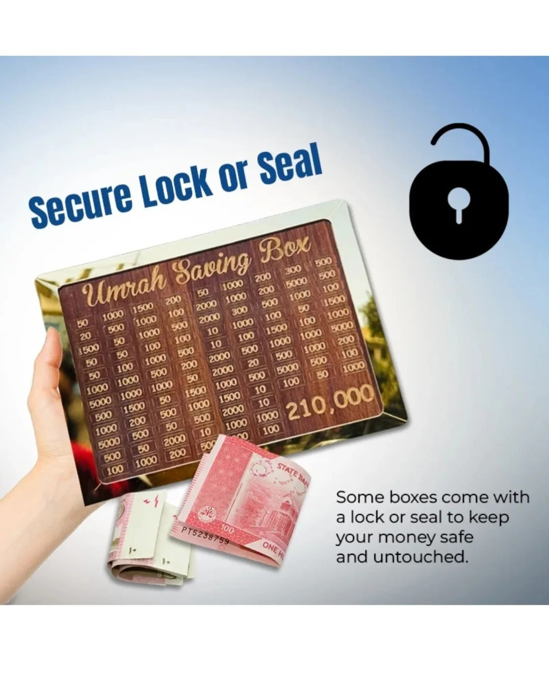 Premium Wooden Umrah Saving Box – 210,000 Rupees